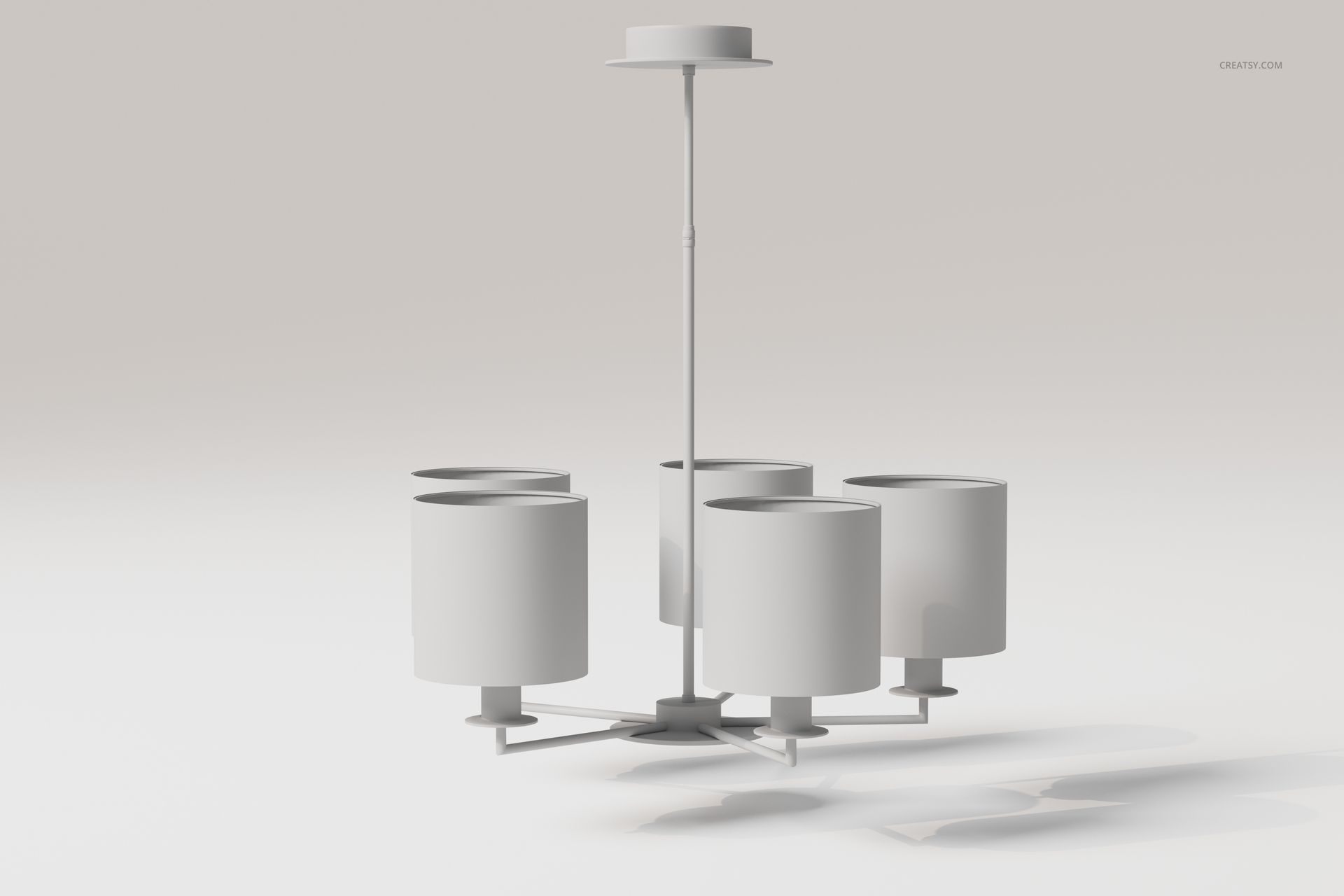 Five light chandelier with cylindrical shades in a matte white finish, shown from a front angle on a plain background.