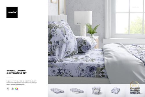 Brushed cotton sheet mockup set displayed on a bed, showing floral patterned bedding in a bright bedroom scene.