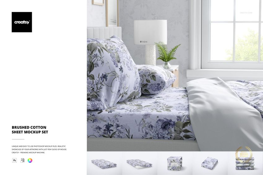 Brushed cotton sheet mockup set displayed on a bed, showing floral patterned bedding in a bright bedroom scene.