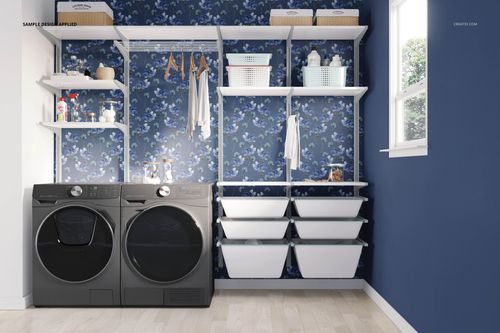 Modern laundry room mockup with dark appliances, white storage shelves, patterned wallpaper, and natural light.