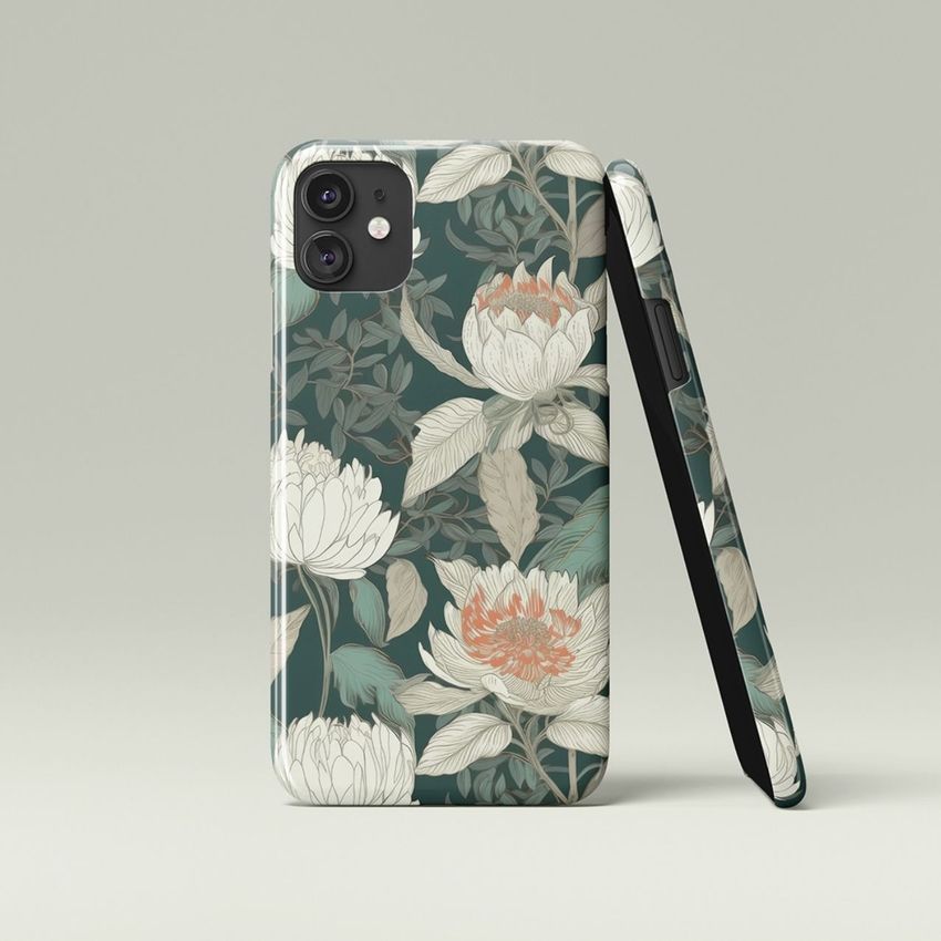 iPhone 11 glossy snap case mockup featuring a botanical floral pattern in muted green, cream, and coral tones on a plain background.