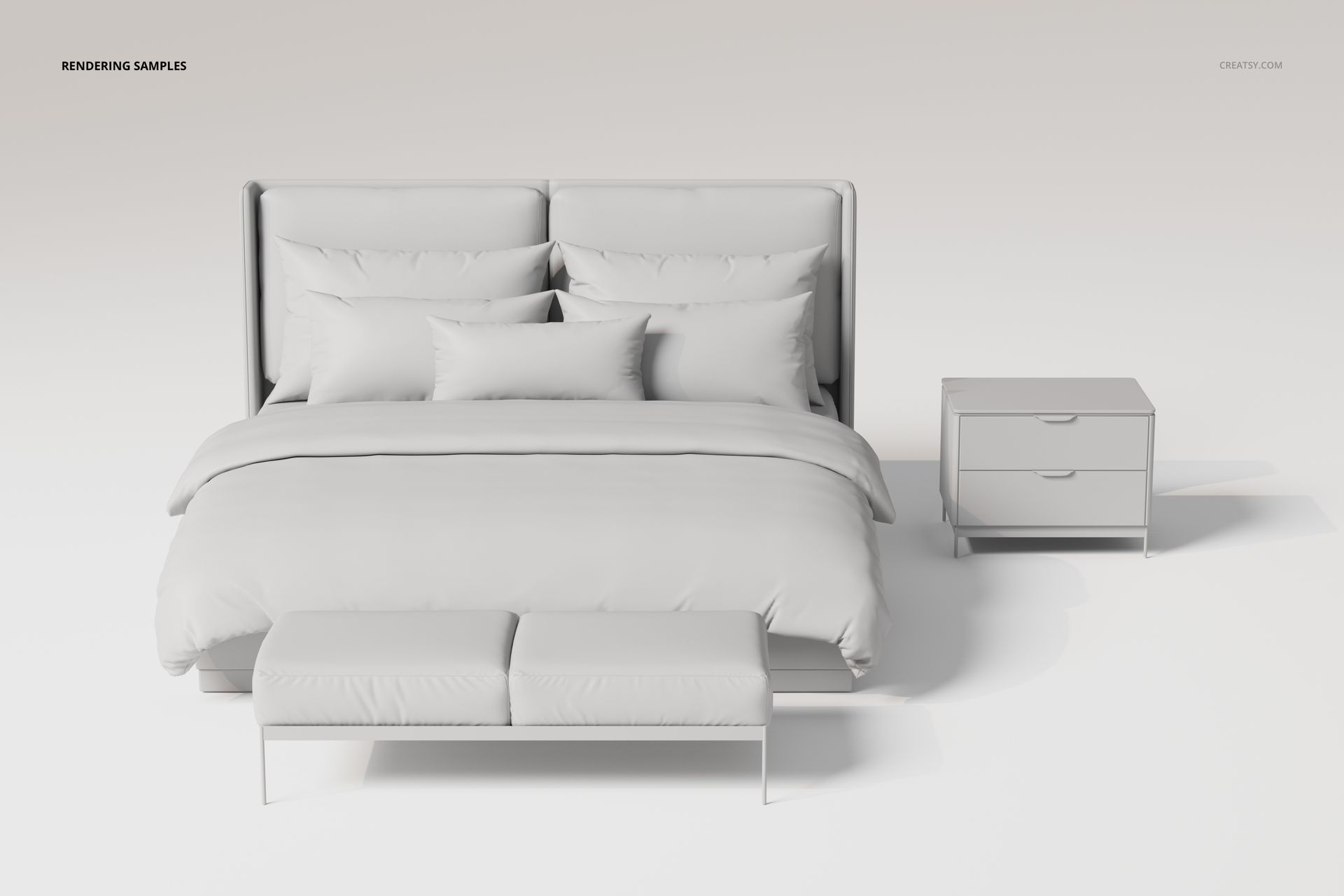 Modern bedroom furniture set with a double bed, pillows, bench, and nightstand in a minimalist white scene, front view.