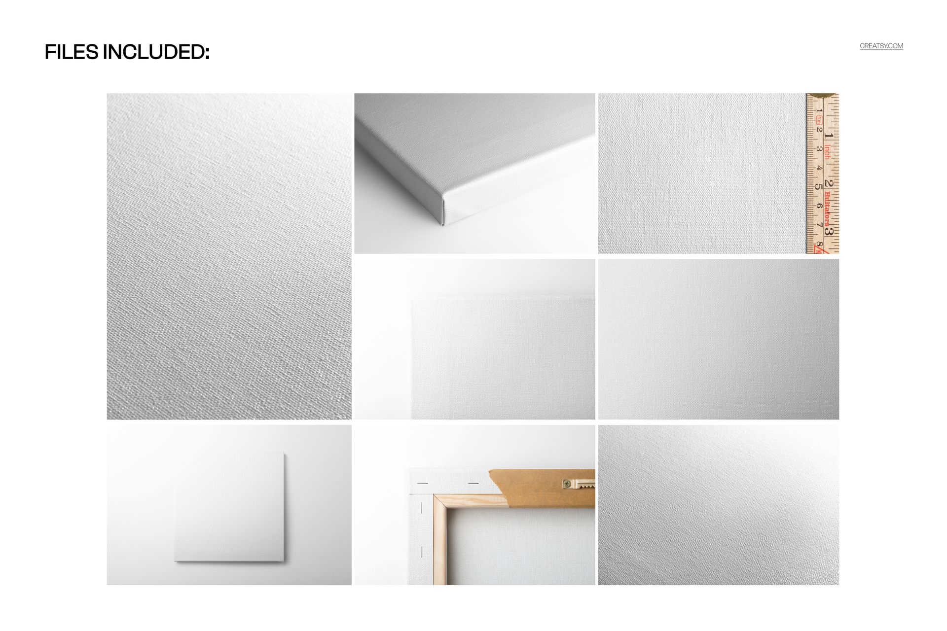 Cotton canvas mockup set featuring close-up views of textured white surfaces, gallery wrap edges, and a ruler for scale.