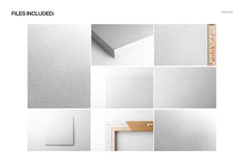 Cotton canvas mockup set featuring close-up views of textured white surfaces, gallery wrap edges, and a ruler for scale.