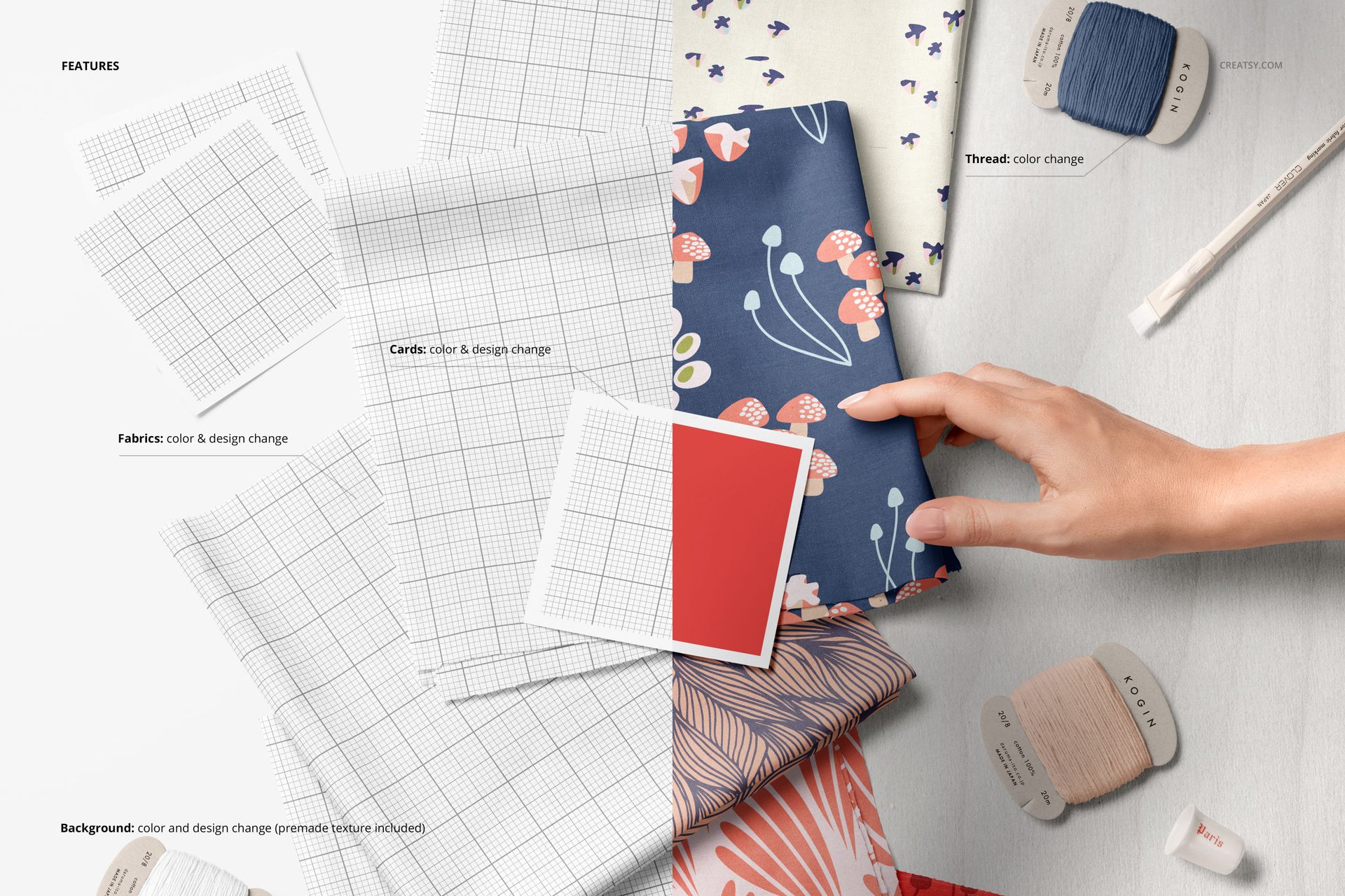 Mockup showing folded textile pieces, grid paper cards, and sewing threads, with a hand adjusting one of the fabrics.