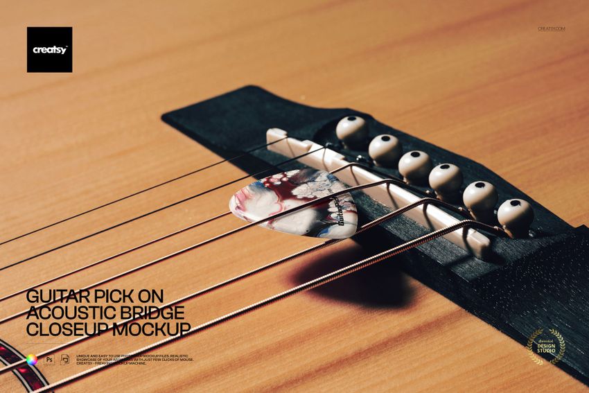 Free Guitar Pick on Acoustic Bridge Closeup Music Branding PSD Mockup - mockup screenshot 1