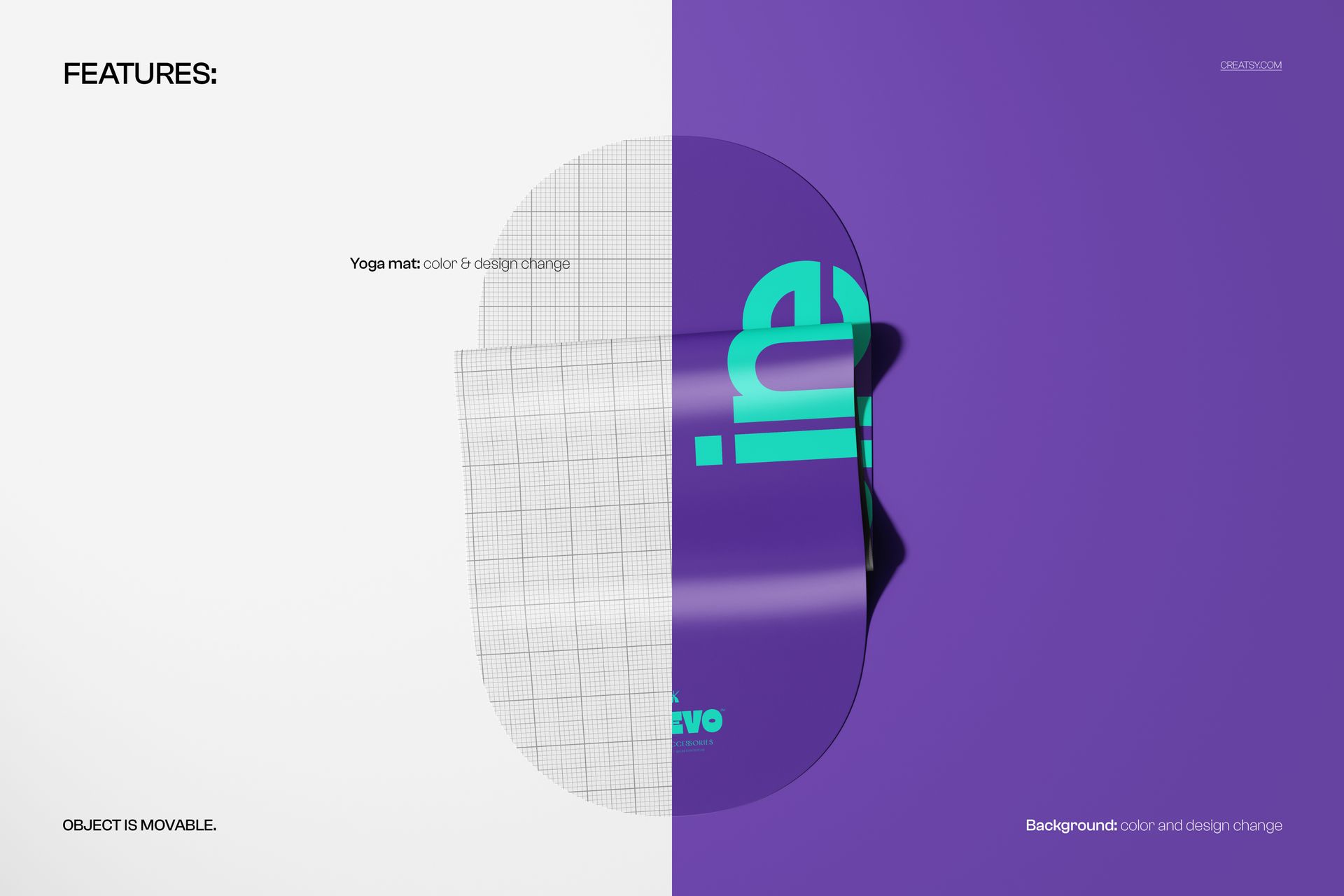 Folded oval yoga mat mockup with grid pattern on left side and purple design with teal text on right side, top view.