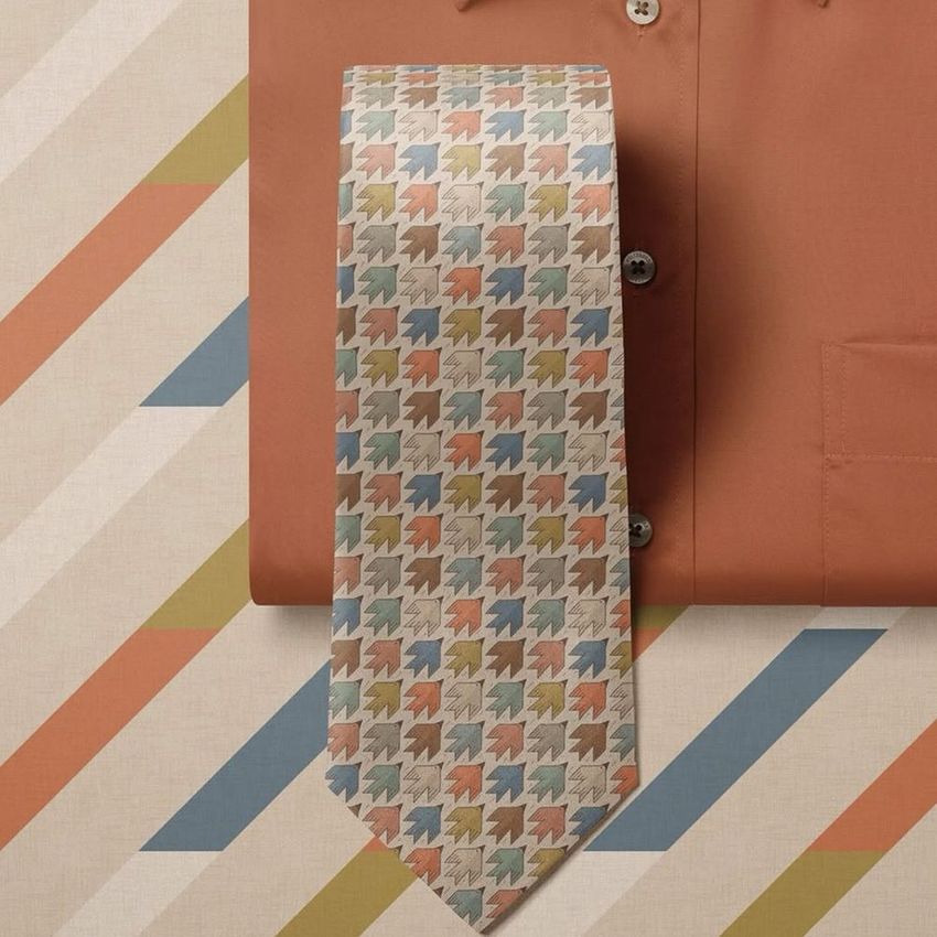 Men’s dress shirt mockup featuring a rust-colored shirt with a patterned tie in muted pastel shades, viewed from above.