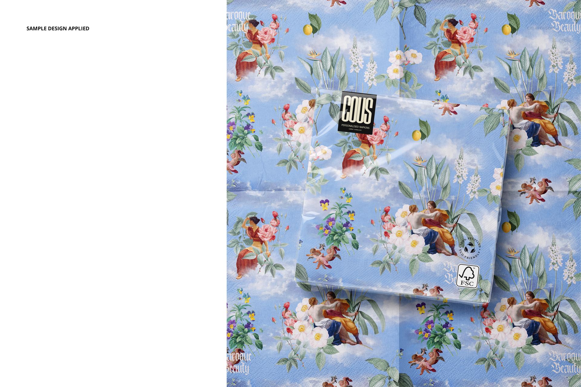 PSD mockup of napkins featuring a blue background with flowers and cherubs, shown in a top-down arrangement.