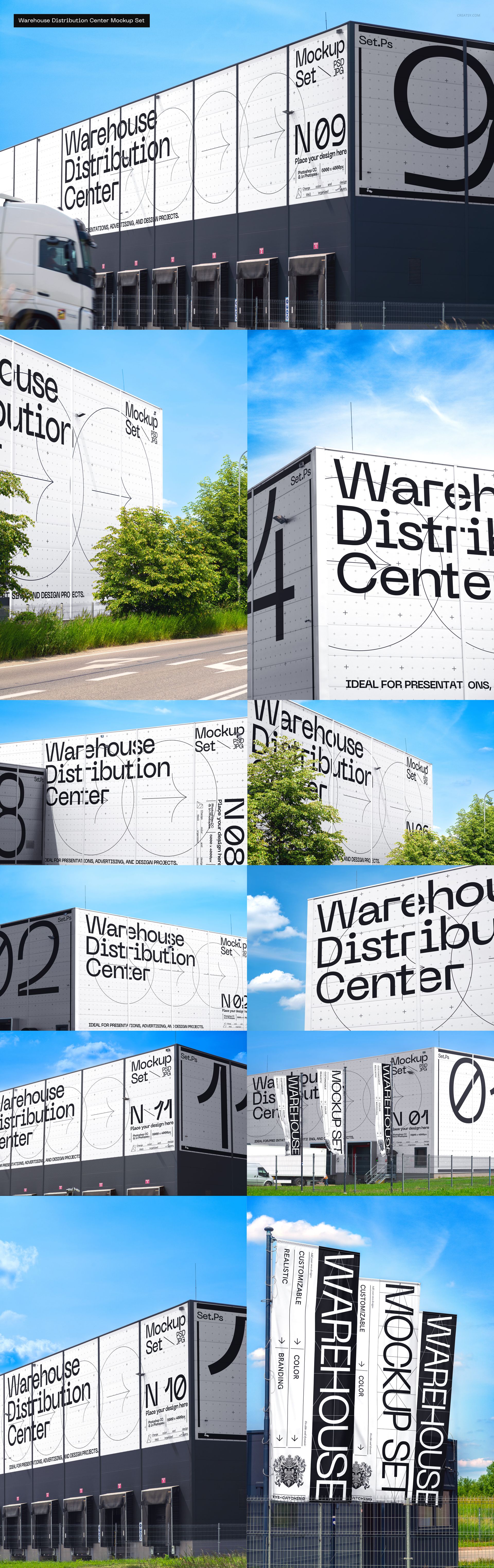 Outdoor advertising PSD mockup showing a warehouse with prominent black lettering and numeric graphics on white walls.