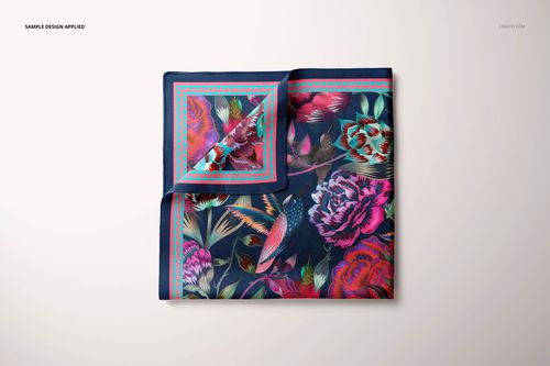 Colorful square silk scarf mockup featuring detailed flowers and birds, displayed flat and partially folded.