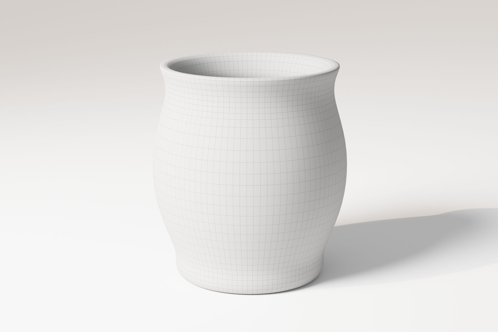 Front view of a clay plant pot 3D model with a rounded shape, white color, and subtle grid texture on a plain background.