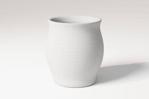 Front view of a clay plant pot 3D model with a rounded shape, white color, and subtle grid texture on a plain background.
