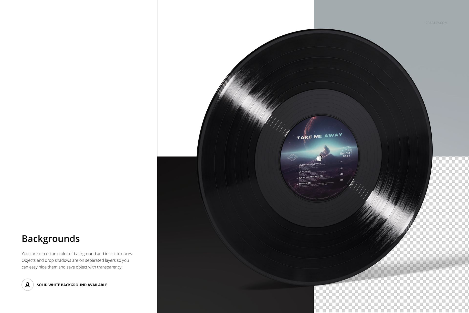 Standing black vinyl record mockup featuring a glossy finish and multicolor label, set against divided backgrounds.