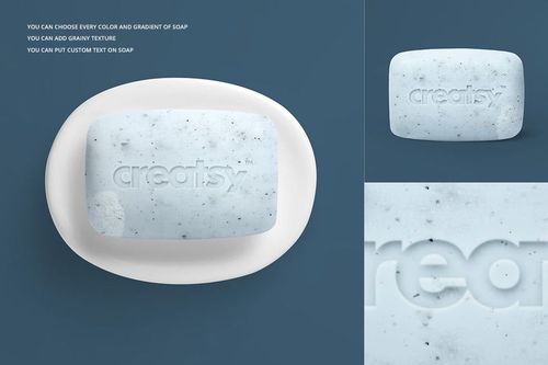 Soap mockup featuring a rectangular bar with customizable text and grainy details, presented in multiple perspectives.