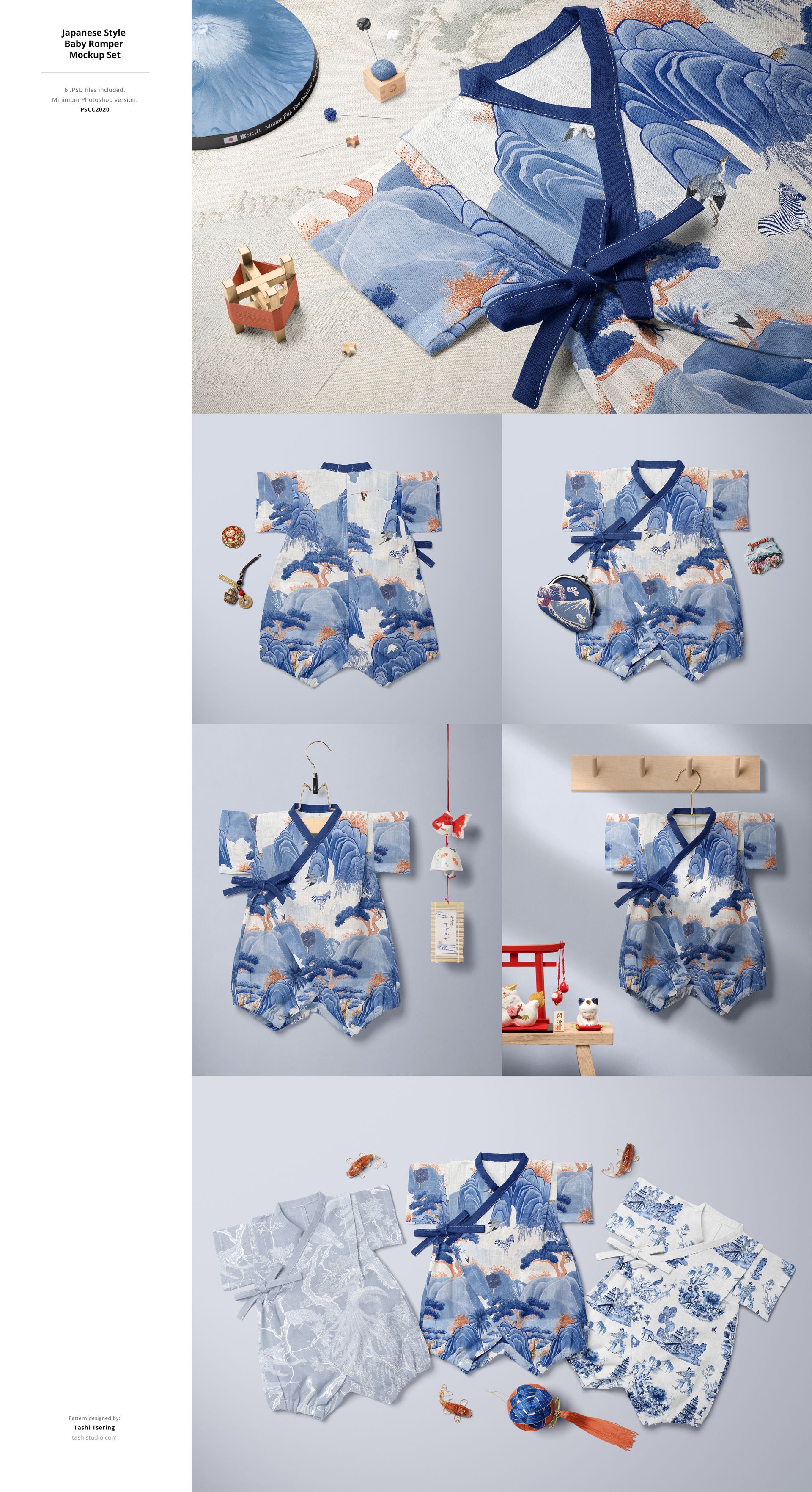 Kids romper mockup set displayed in blue and white patterns, shown from multiple angles with playful props.
