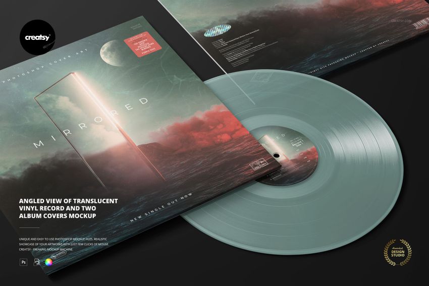 PSD mockup displaying a light gray vinyl record next to two album covers with ethereal landscape artwork.
