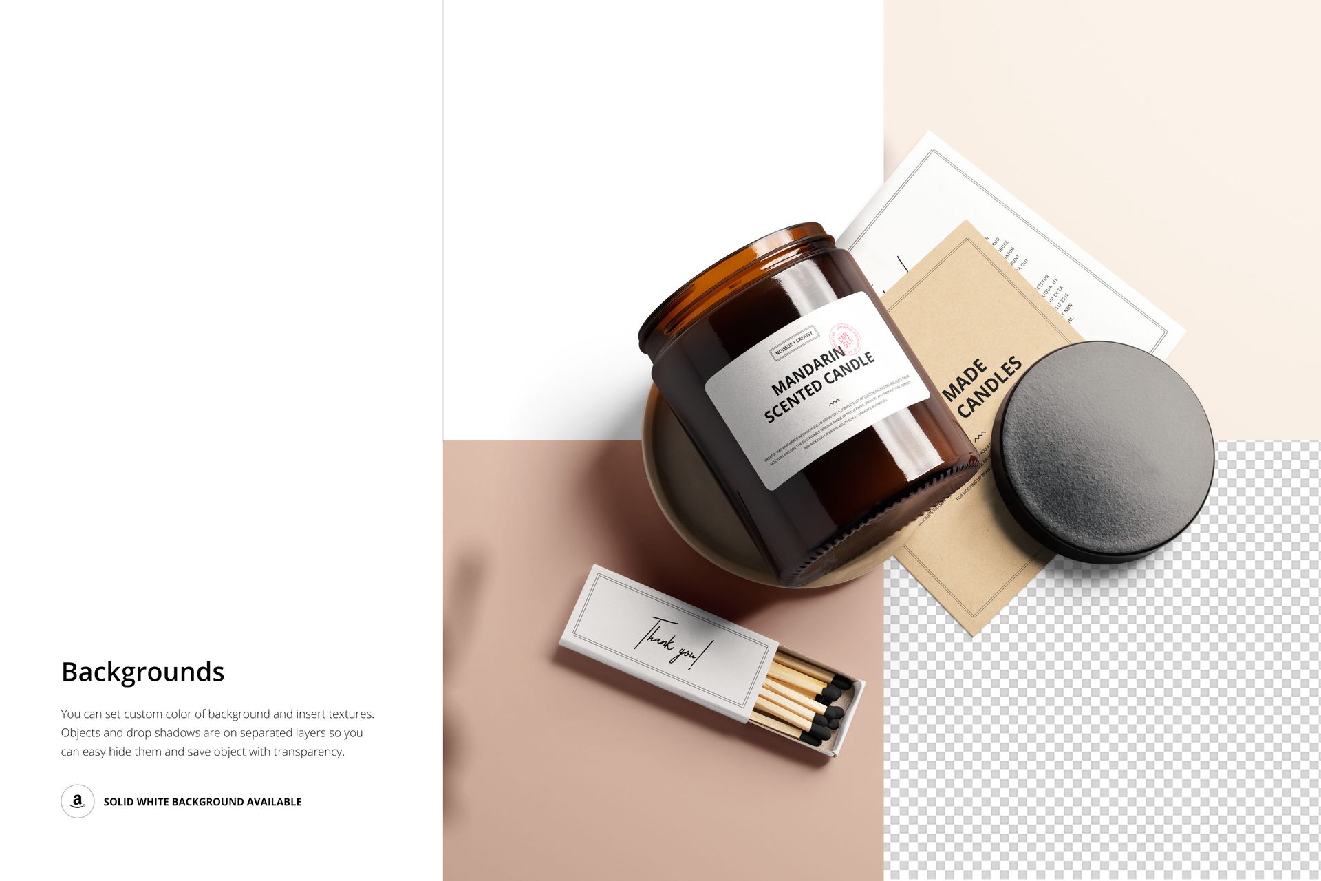 Mockup set featuring an amber jar candle, matchbox, lid, and stationery items on a split-color background, overhead perspective.