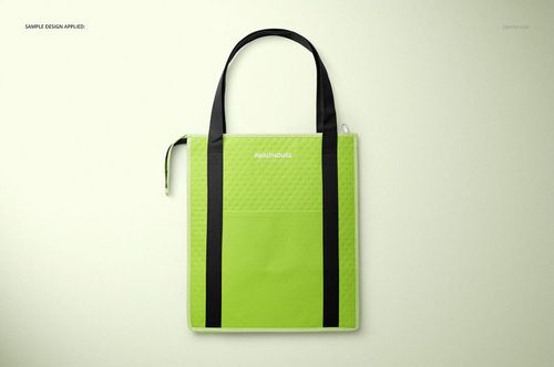 Therm-O-Tote insulated cooler bag mockup featuring a quilted green surface, black handles, and straps, seen from the front.