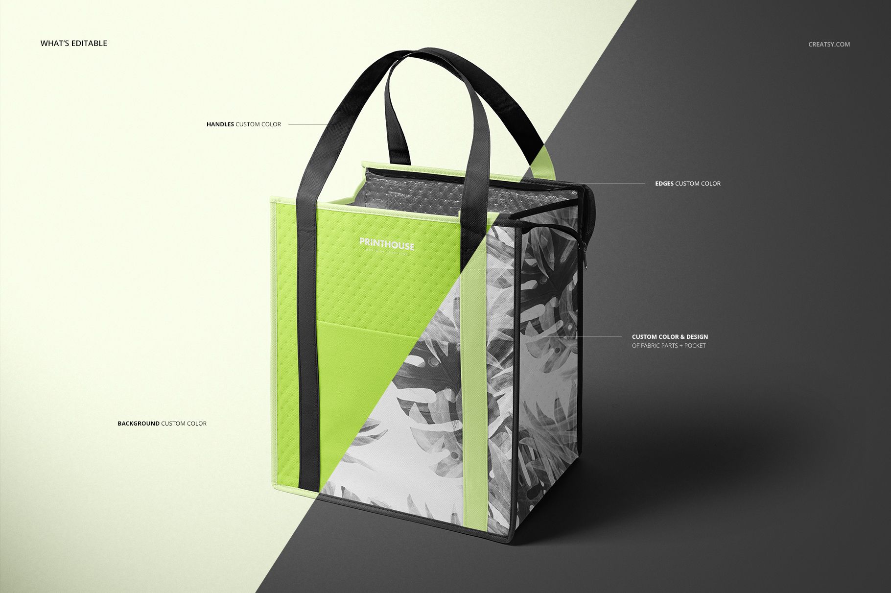Front angled view of an insulated cooler bag mockup with black handles, lime green panels, and gray leaf pattern sides.