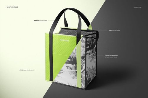 Front angled view of an insulated cooler bag mockup with black handles, lime green panels, and gray leaf pattern sides.