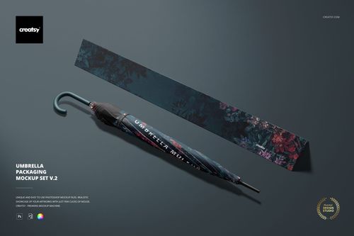 Umbrella mockup featuring a folded umbrella with a curved handle and coordinating patterned packaging strip.