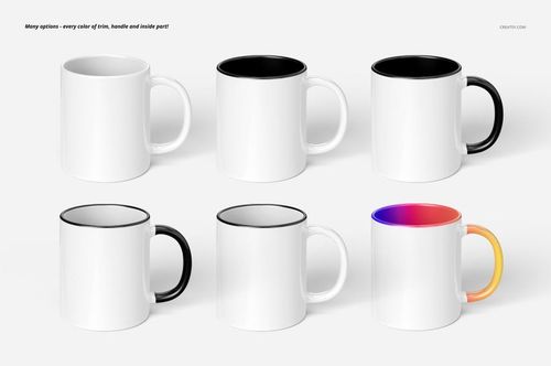Six 11oz mugs displayed in two rows on a white background, featuring different handle and rim colors and styles.