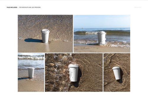 White paper coffee cup mockup displayed on the shoreline, surrounded by ocean waves and wet sand from different angles.