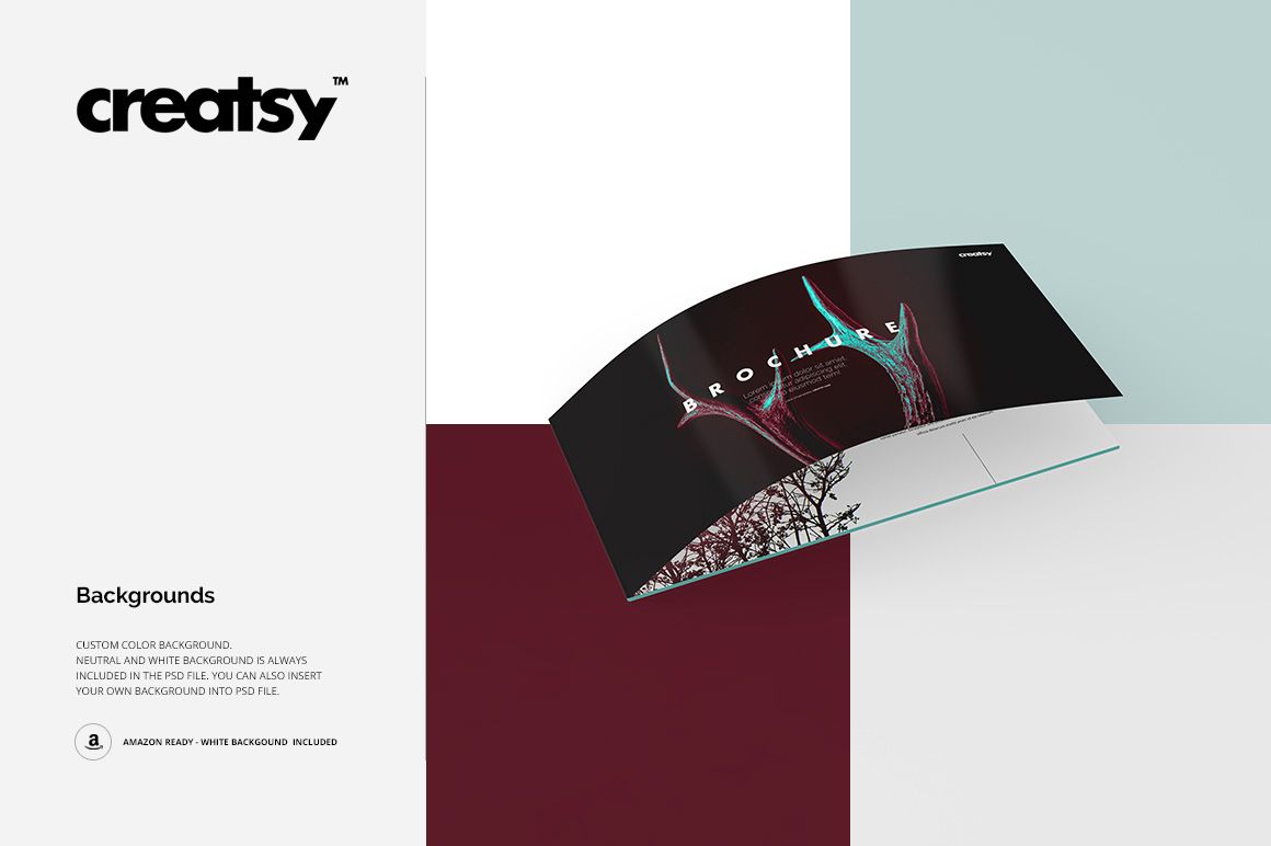 Open brochure mockup displayed on a geometric background with white, burgundy, and light blue color blocks.