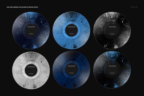 PSD mockup showing six vinyl records with distinct marbled color effects, viewed from above against a black backdrop.