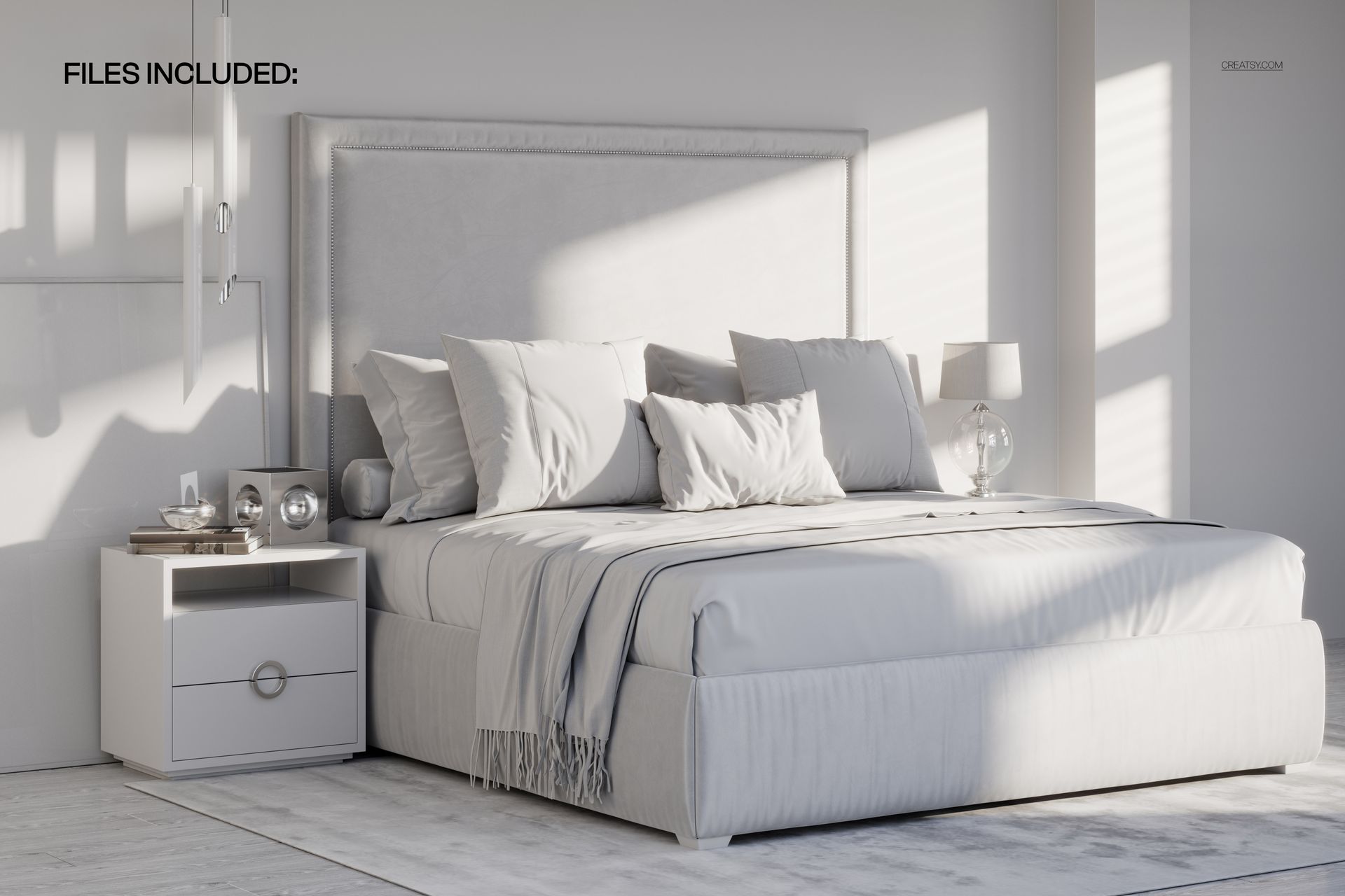 Modern bedroom with a large upholstered bed, white bedding, and pillows, shown in a bright hotel-style interior mockup.