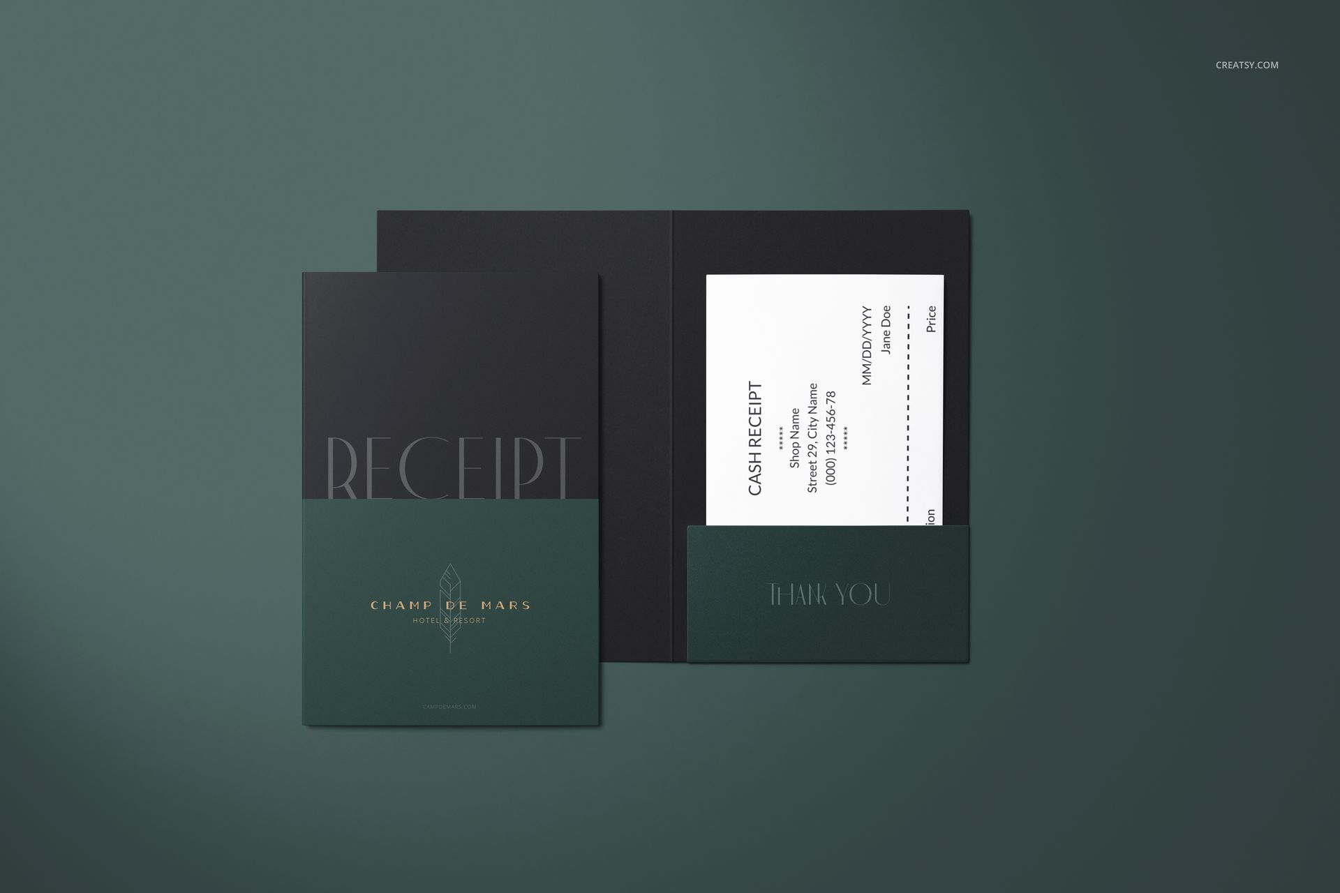 Front view of a receipt holder mockup set with a dark green and black color scheme, displaying a receipt inside.