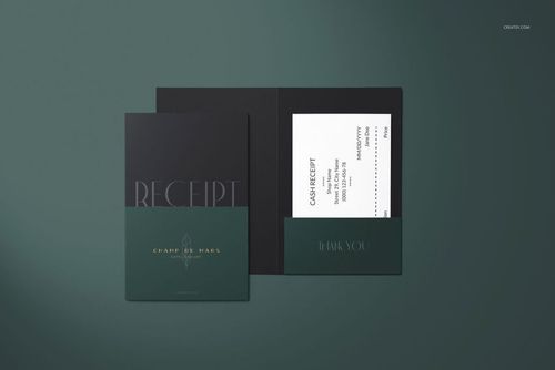 Front view of a receipt holder mockup set with a dark green and black color scheme, displaying a receipt inside.