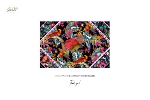 Square cashmere scarf with a vibrant tropical bird and floral pattern, shown in a front view mockup on white background.