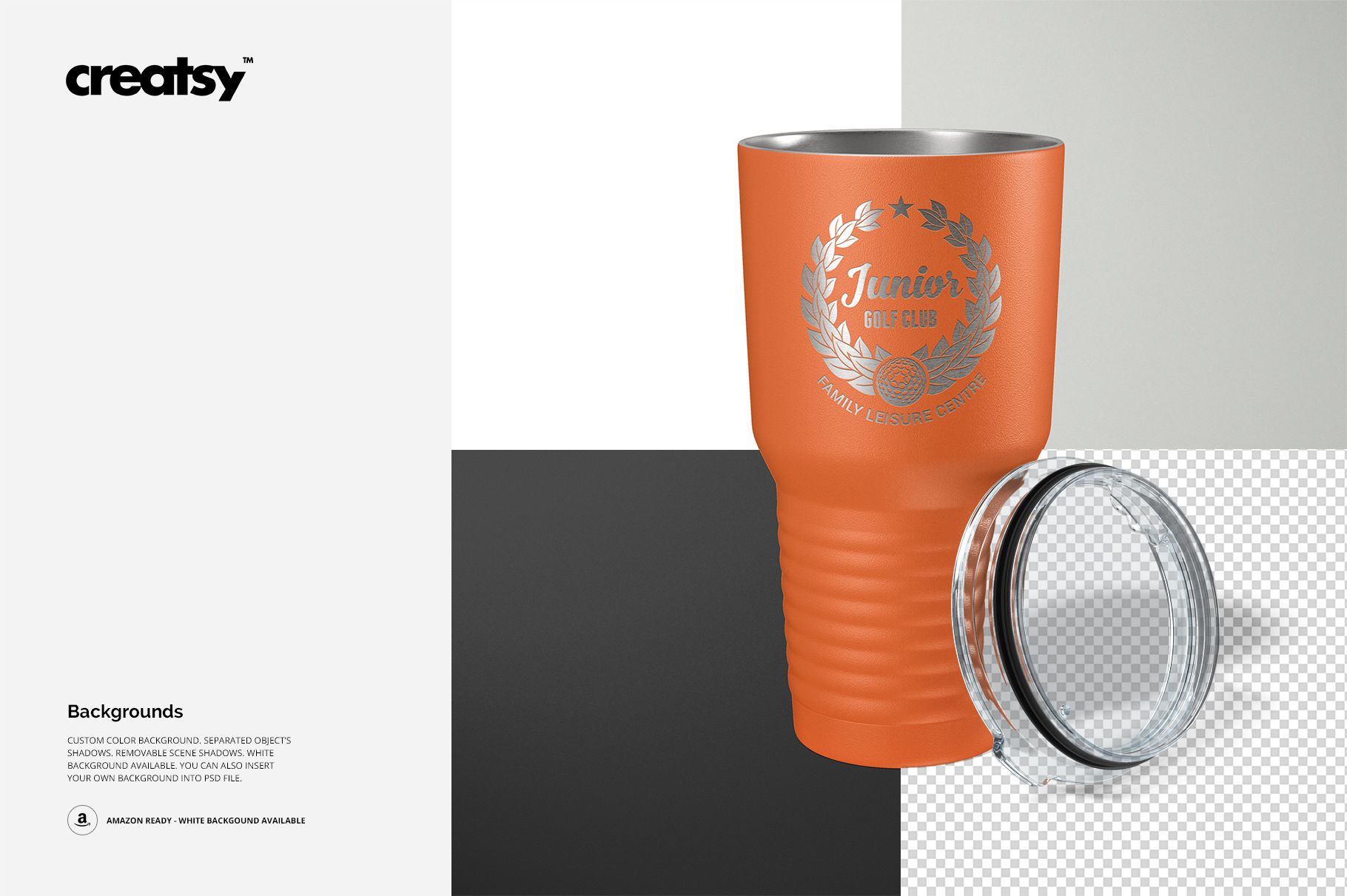 30oz ringneck tumbler mockup featuring an orange body, metallic top edge, and clear plastic lid, shown on color blocks.