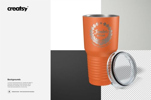 30oz ringneck tumbler mockup featuring an orange body, metallic top edge, and clear plastic lid, shown on color blocks.