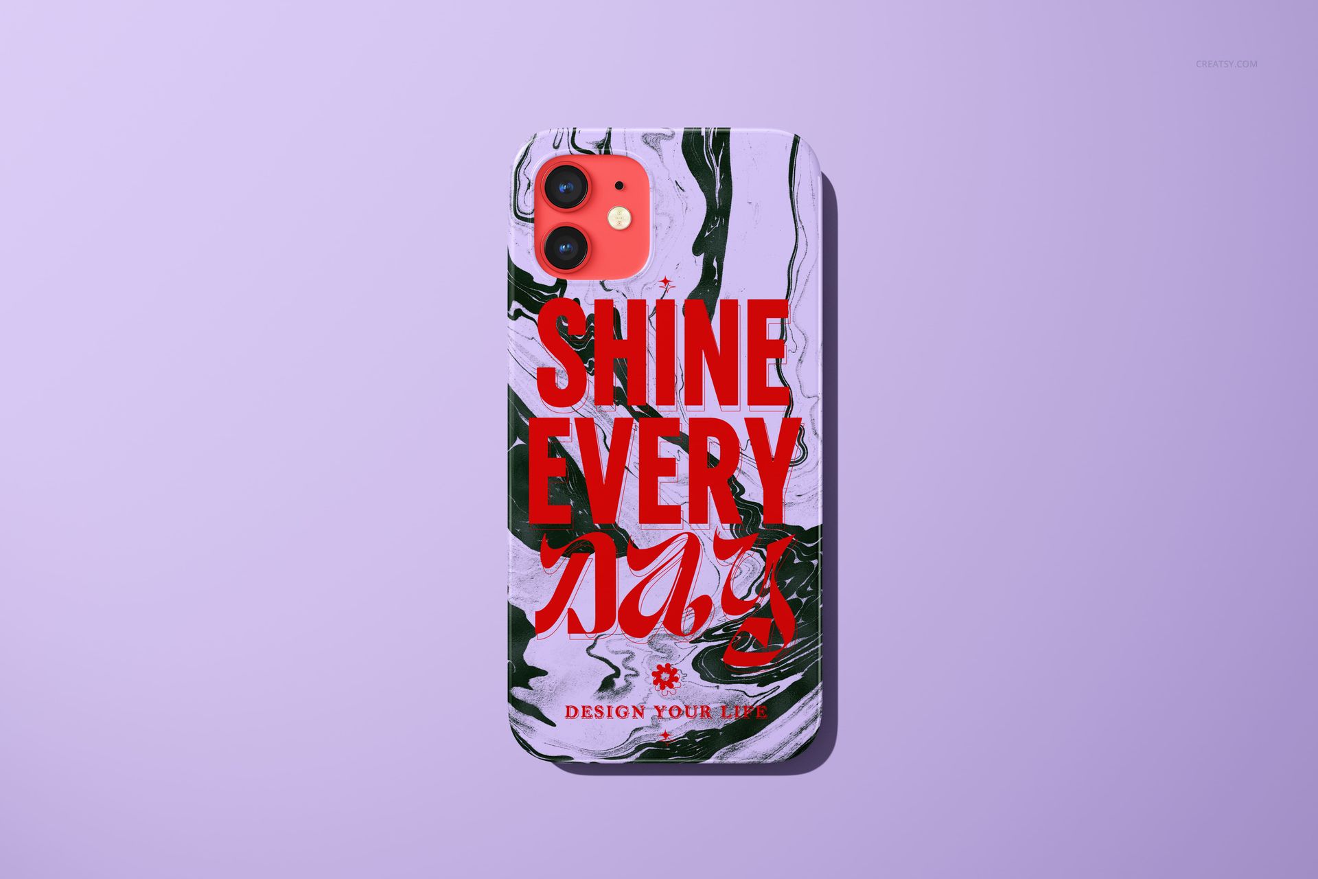 iPhone 12 case mockup displaying a glossy finish, marble design in green and white, and large red lettering.