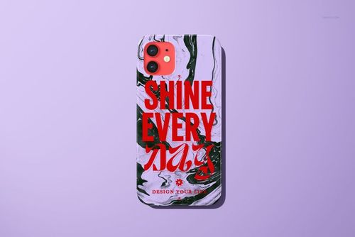 iPhone 12 case mockup displaying a glossy finish, marble design in green and white, and large red lettering.