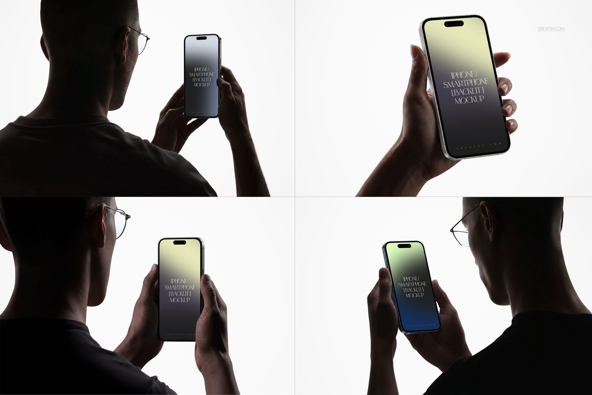 Backlit scene showing a person holding an iPhone and laptop, with device screens facing forward in a mockup set.