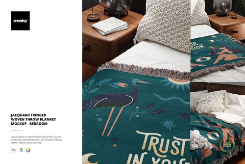 PSD mockup showing a jacquard throw blanket with multicolored design and fringe, arranged on a wooden bed in a home interior.