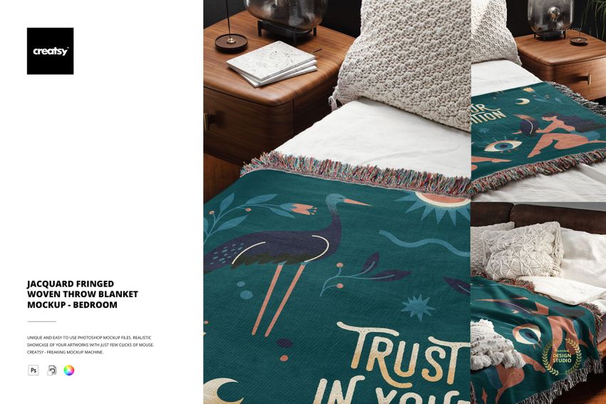 PSD mockup showing a jacquard throw blanket with multicolored design and fringe, arranged on a wooden bed in a home interior.