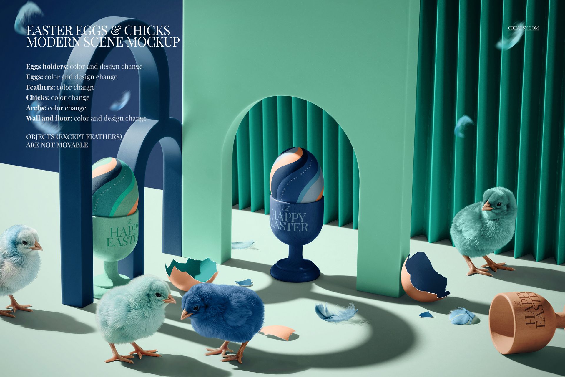 Front view of Easter-themed PSD mockup with pastel blue chicks, decorated eggs, and geometric props on a green surface.