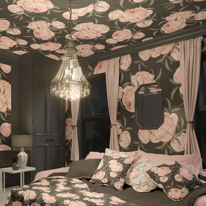 Bedroom mockup featuring bedding and wallpaper with a pink peony floral pattern, crystal chandelier, and soft lighting.