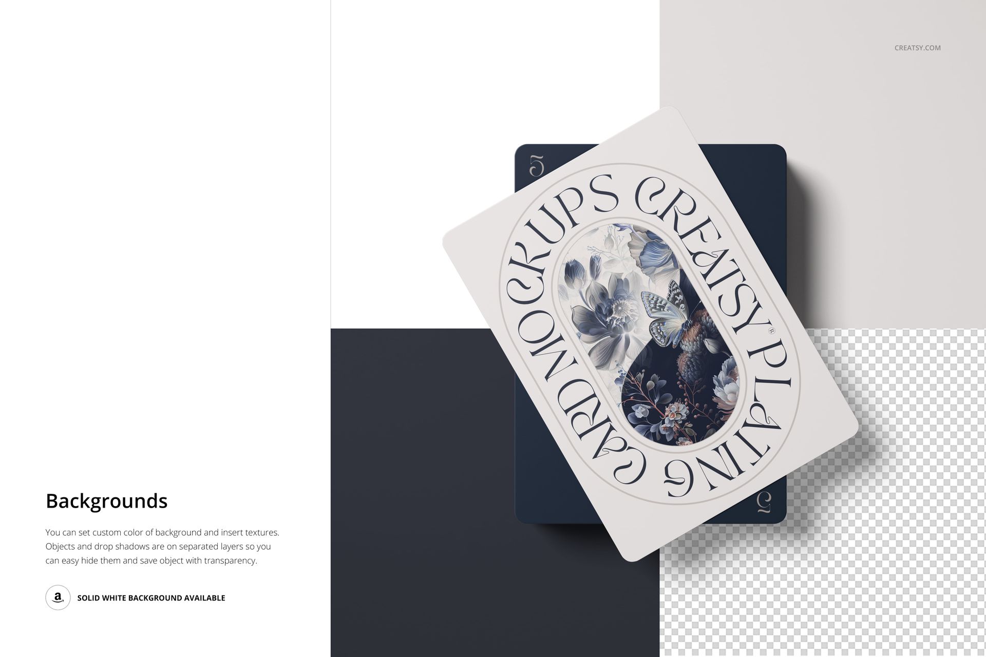 Top view of two playing cards mockup with floral design, placed on a geometric background with white and gray tones.