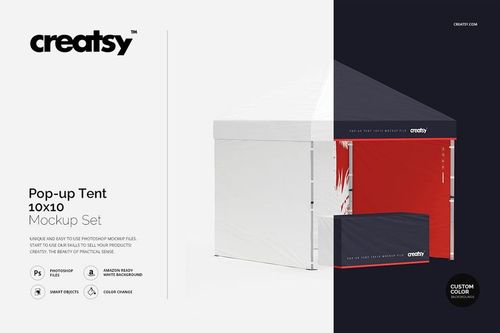 Square pop up tent mockup with white and navy blue fabric, displayed from the front with open entry and side panel.