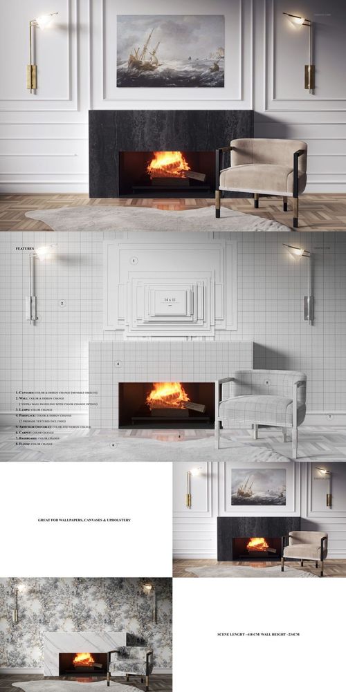 Front-facing PSD mockup featuring a fireplace, canvas print above, upholstered chair, and patterned wallpaper.