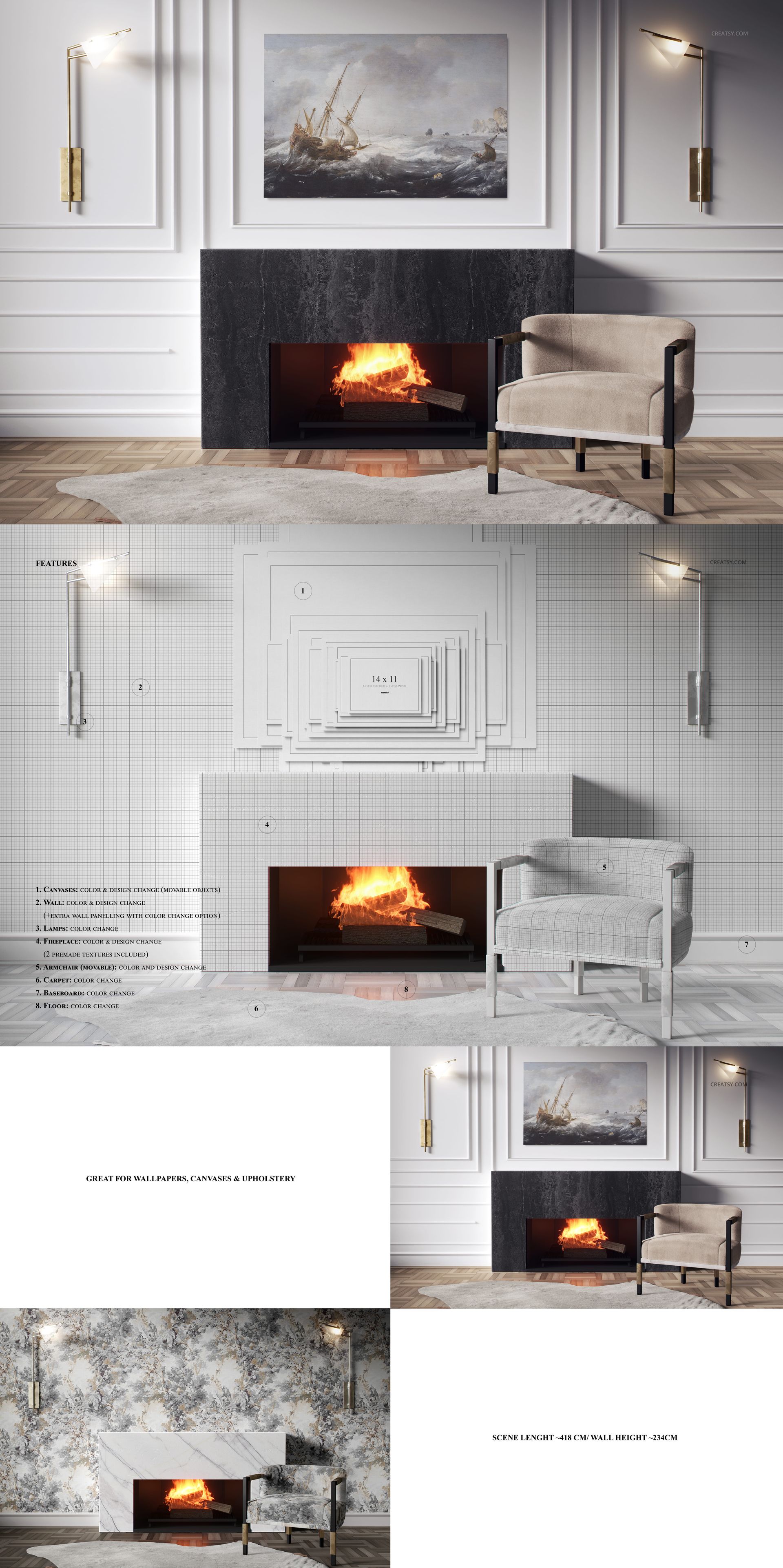 Front-facing PSD mockup featuring a fireplace, canvas print above, upholstered chair, and patterned wallpaper.