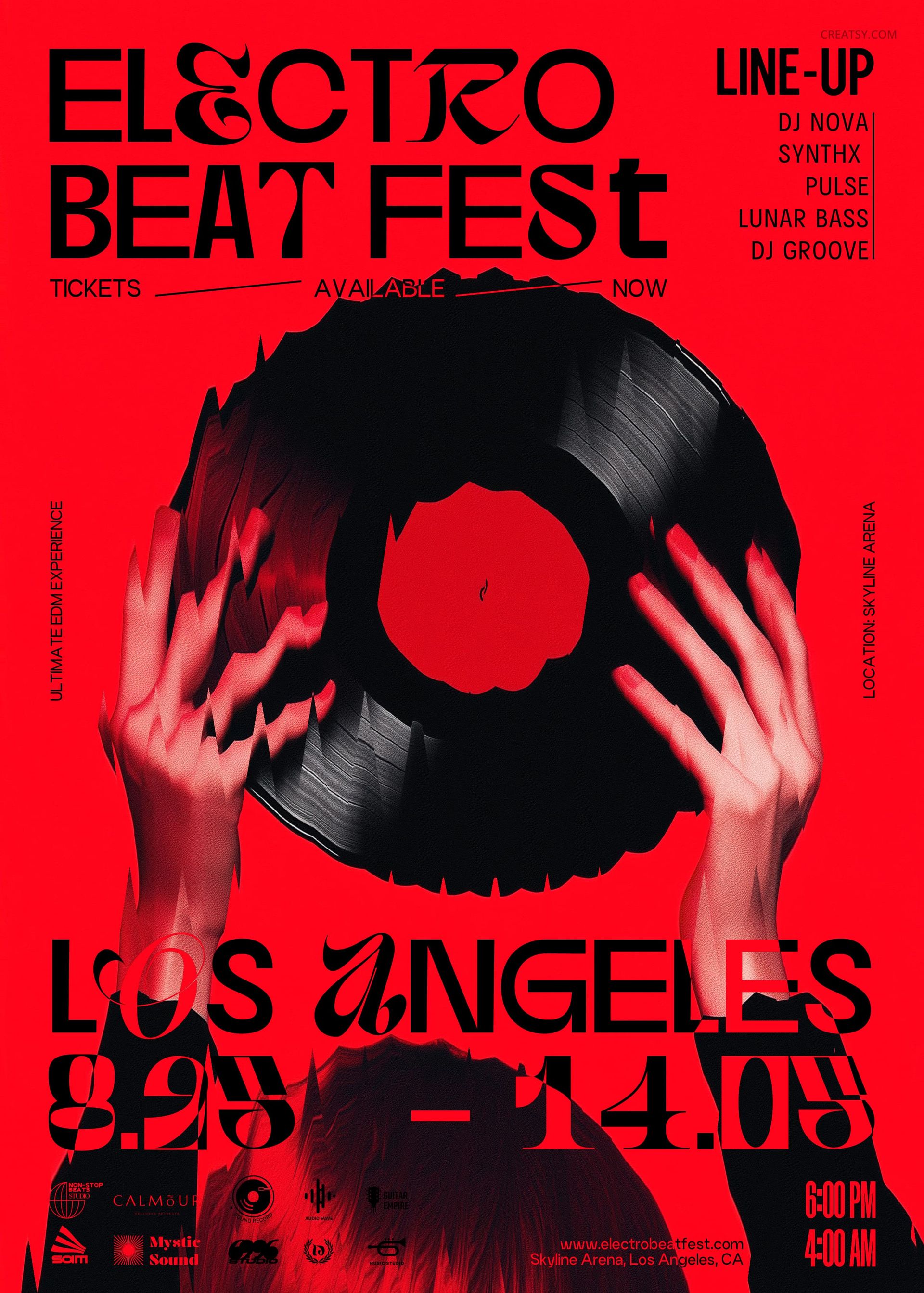 Red poster mockup with hands holding a black vinyl record, large text and event details in black and white.