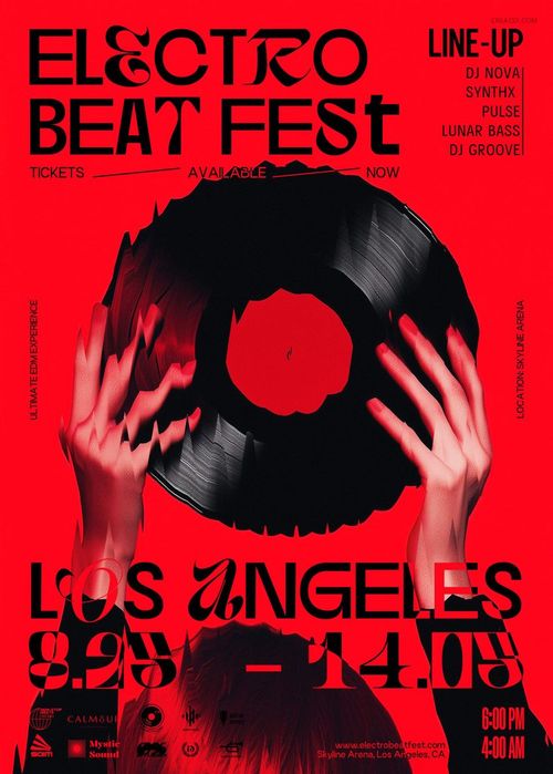 Red poster mockup with hands holding a black vinyl record, large text and event details in black and white.