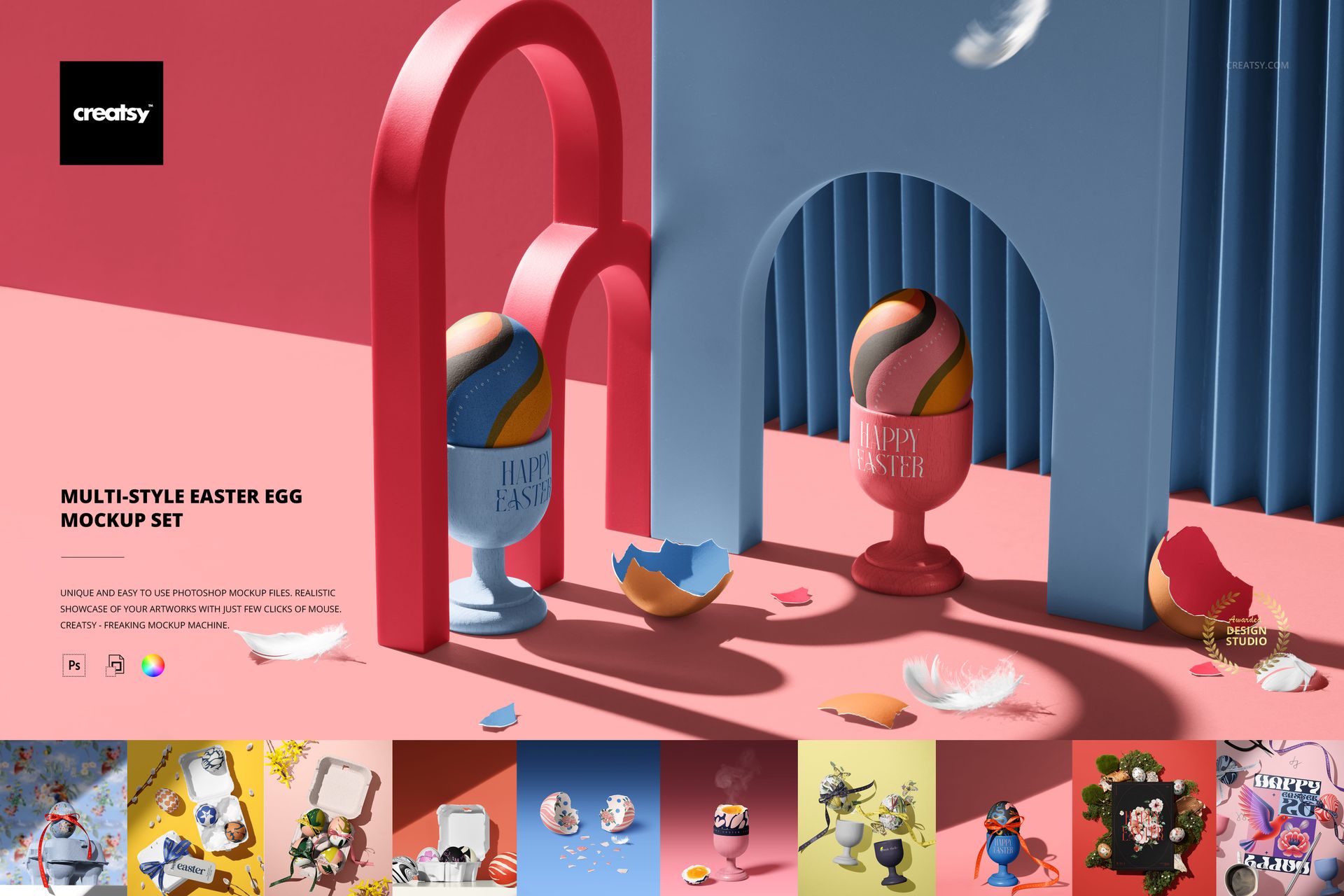 Easter egg mockup scene featuring multicolored eggs in stands, cracked shells, and soft feathers on vibrant backgrounds.